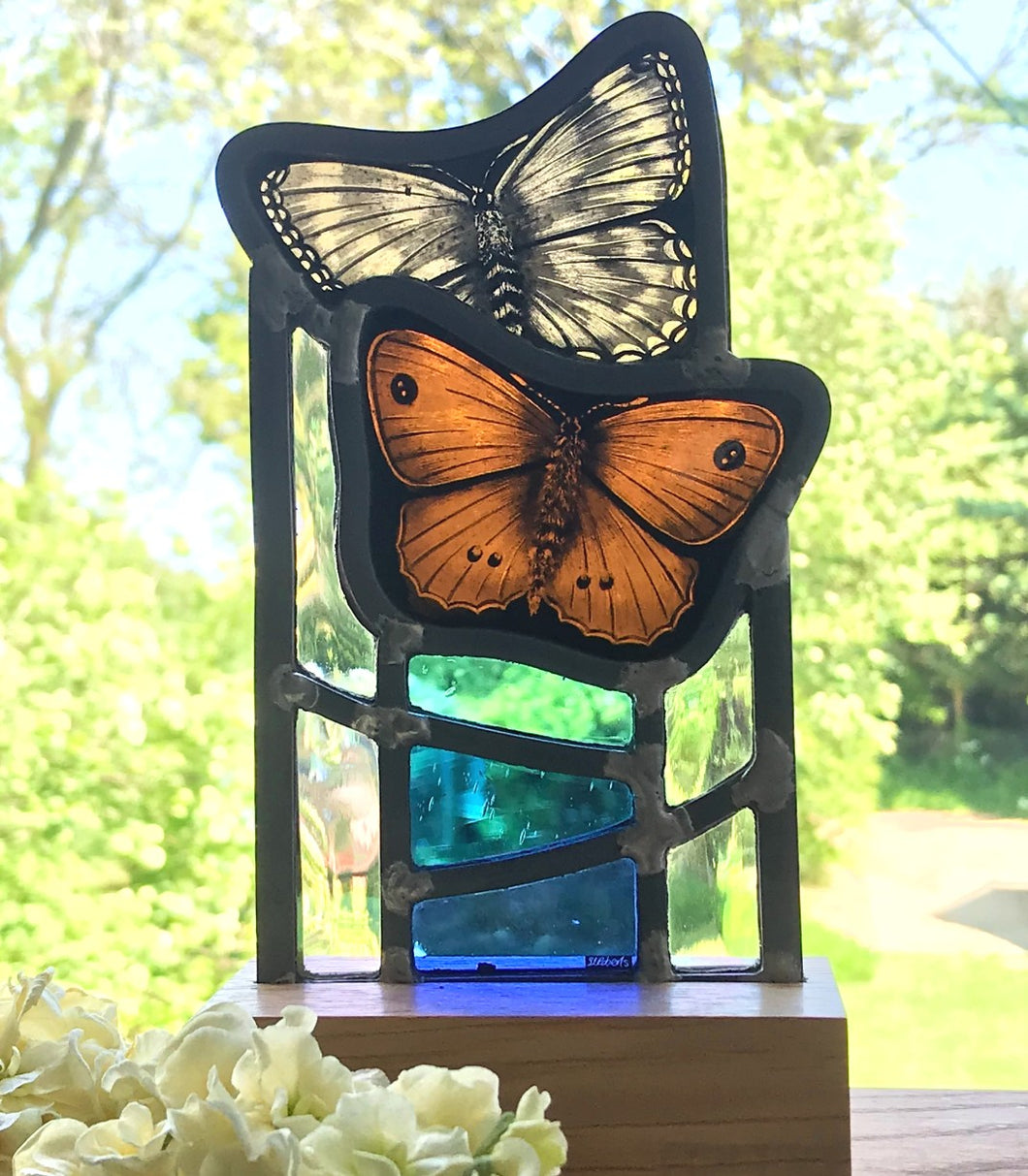 Butterflies above blue glass